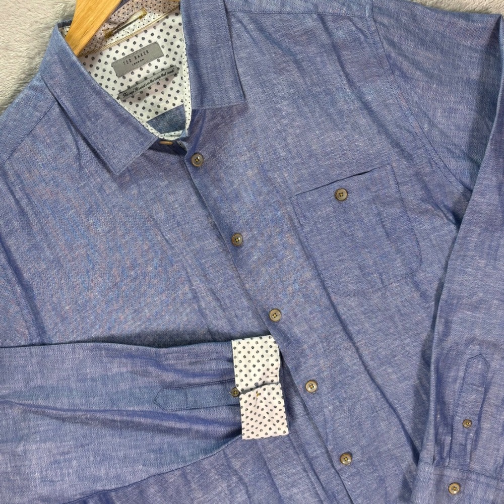 Ted Baker Men's Long Sleeve Shirt Blue Herringbone Linen Blend Button‎ Front L